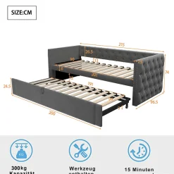 Lit Gigogne 90x200 cm - Lit Multifonction avec Sommier À Lattes, Convertible pour Chambre d'Amis, en Velours Gris, Sans Matelas><noscript><img width=