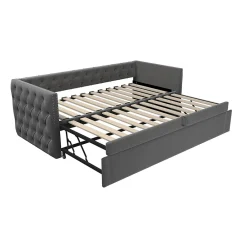 Lit Gigogne 90x200 cm - Lit Multifonction avec Sommier À Lattes, Convertible pour Chambre d'Amis, en Velours Gris, Sans Matelas><noscript><img width=