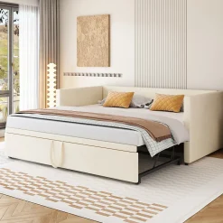 Okwish Lit Gigogne 90/180x200 cm - Lit Multifonction avec Sommier À Lattes, Convertible pour Chambre d'Amis, Velours Beige, Sans Matelas* Lit Gigogne