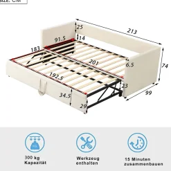 Okwish Lit Gigogne 90/180x200 cm - Lit Multifonction avec Sommier À Lattes, Convertible pour Chambre d'Amis, Velours Beige, Sans Matelas* Lit Gigogne