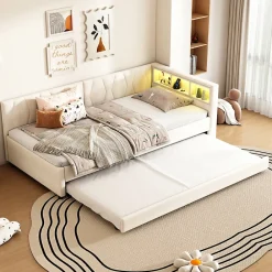 Okwish Lit Gigogne 90x200 cm - Lit Simple Enfant avec Éclairage LED Télécommandé et Port USB Type C - Sans Matelas - Lin Beige* Lit Gigogne