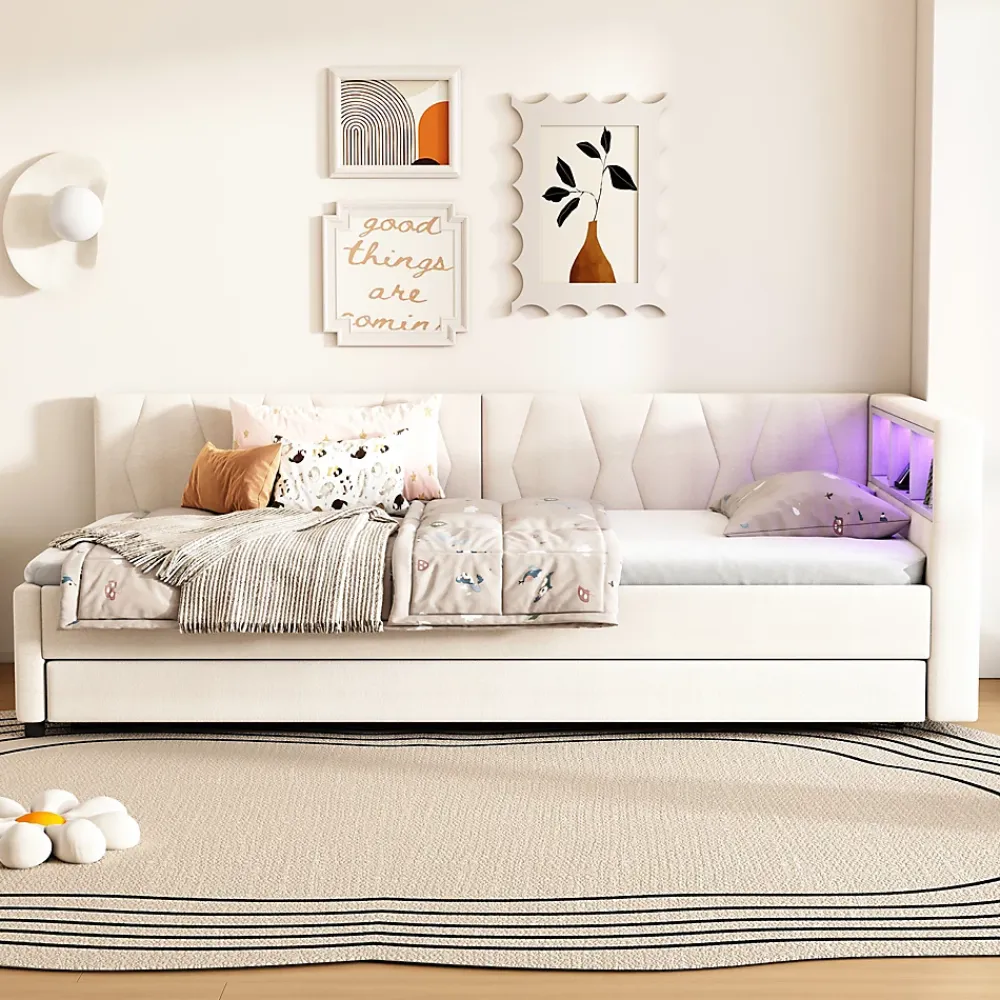 Okwish Lit Gigogne 90x200 cm - Lit Simple Enfant avec Éclairage LED Télécommandé et Port USB Type C - Sans Matelas - Lin Beige* Lit Gigogne