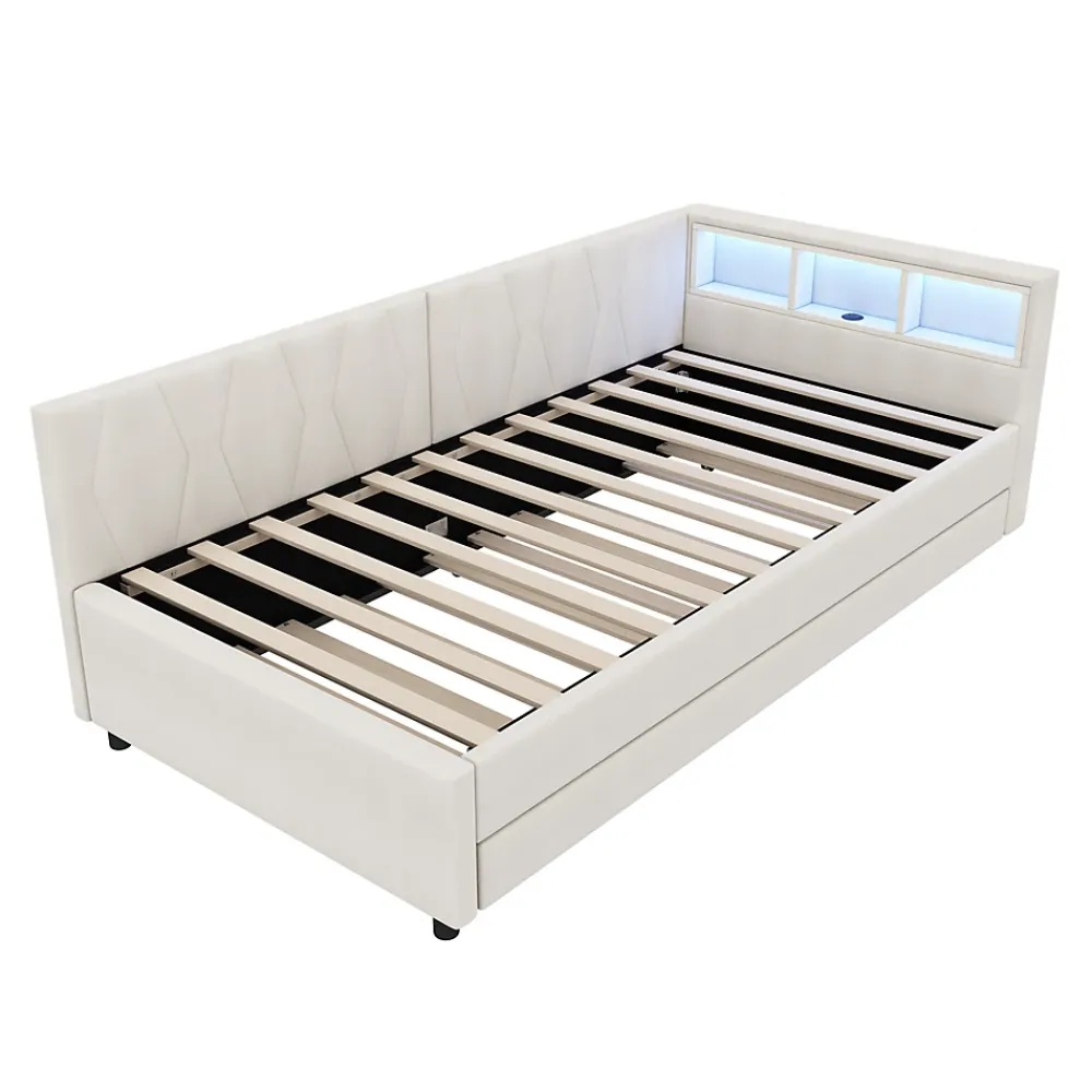 Okwish Lit Gigogne 90x200 cm - Lit Simple Enfant avec Éclairage LED Télécommandé et Port USB Type C - Sans Matelas - Lin Beige* Lit Gigogne