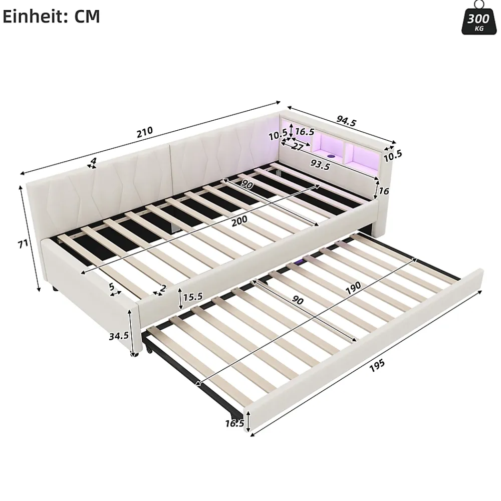 Okwish Lit Gigogne 90x200 cm - Lit Simple Enfant avec Éclairage LED Télécommandé et Port USB Type C - Sans Matelas - Lin Beige* Lit Gigogne