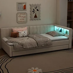 Okwish Lit Gigogne 90x200 cm - Lit Simple Enfant avec Éclairage LED Télécommandé et Port USB Type C - Sans Matelas - Lin Beige* Lit Gigogne