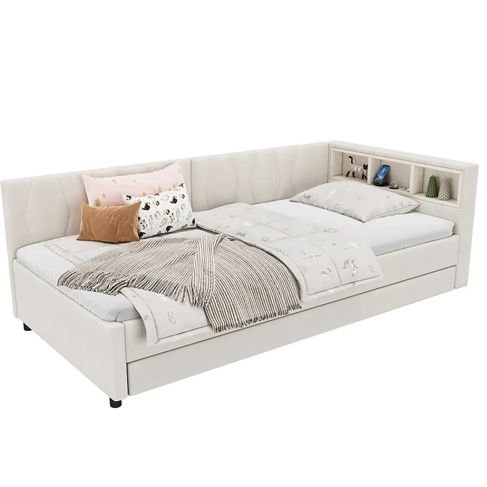 Okwish Lit Gigogne 90x200 cm - Lit Simple Enfant avec Éclairage LED Télécommandé et Port USB Type C - Sans Matelas - Lin Beige* Lit Gigogne