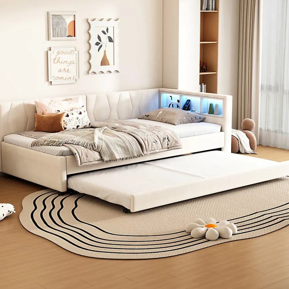 Okwish Lit Gigogne 90x200 cm - Lit Simple Enfant avec Éclairage LED Télécommandé et Port USB Type C - Sans Matelas - Lin Beige* Lit Gigogne