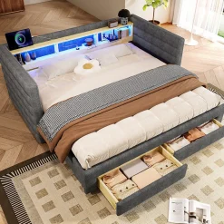 Lit Gigogne 90x190 cm - Lit Simple avec 2 Tiroirs et Étagères - LED et Ports USB Intégrés - Multifonction en Velours Gris>Okwish New