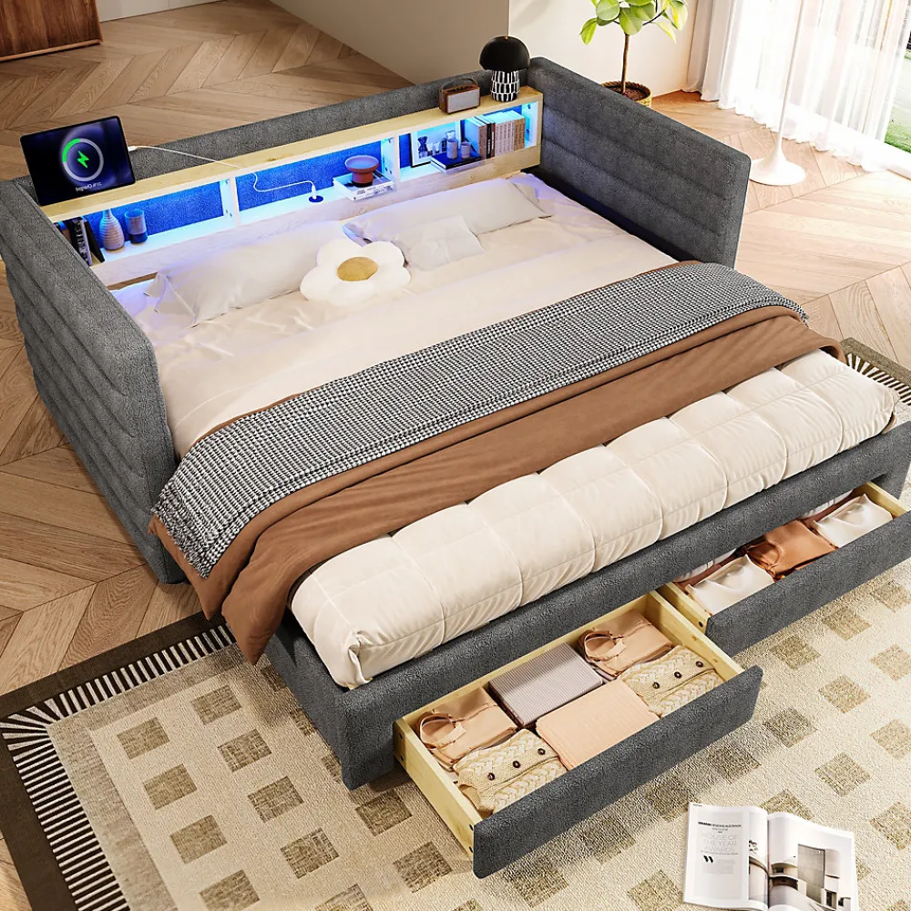 Lit Gigogne 90x190 cm - Lit Simple avec 2 Tiroirs et Étagères - LED et Ports USB Intégrés - Multifonction en Velours Gris>Okwish New