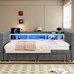 Lit Gigogne 90x190 cm - Lit Simple avec 2 Tiroirs et Étagères - LED et Ports USB Intégrés - Multifonction en Velours Gris>Okwish New