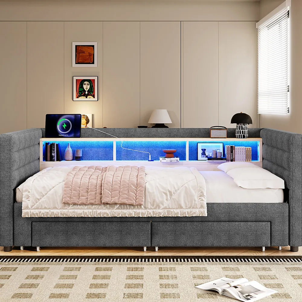Lit Gigogne 90x190 cm - Lit Simple avec 2 Tiroirs et Étagères - LED et Ports USB Intégrés - Multifonction en Velours Gris>Okwish New