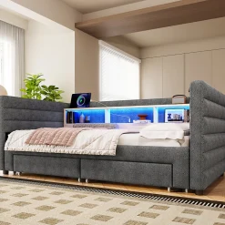 Lit Gigogne 90x190 cm - Lit Simple avec 2 Tiroirs et Étagères - LED et Ports USB Intégrés - Multifonction en Velours Gris><noscript><img width=