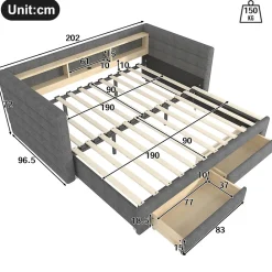 Lit Gigogne 90x190 cm - Lit Simple avec 2 Tiroirs et Étagères - LED et Ports USB Intégrés - Multifonction en Velours Gris><noscript><img width=