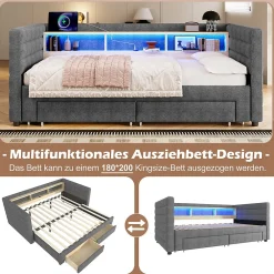 Lit Gigogne 90x190 cm - Lit Simple avec 2 Tiroirs et Étagères - LED et Ports USB Intégrés - Multifonction en Velours Gris><noscript><img width=