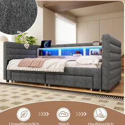 Lit Gigogne 90x190 cm - Lit Simple avec 2 Tiroirs et Étagères - LED et Ports USB Intégrés - Multifonction en Velours Gris><noscript><img width=