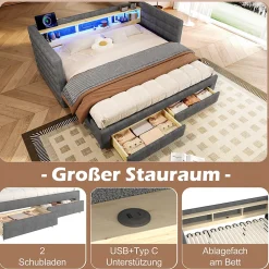 Lit Gigogne 90x190 cm - Lit Simple avec 2 Tiroirs et Étagères - LED et Ports USB Intégrés - Multifonction en Velours Gris><noscript><img width=