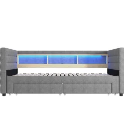 Lit Gigogne 90x190 cm - Lit Simple avec 2 Tiroirs et Étagères - LED et Ports USB Intégrés - Multifonction en Velours Gris><noscript><img width=