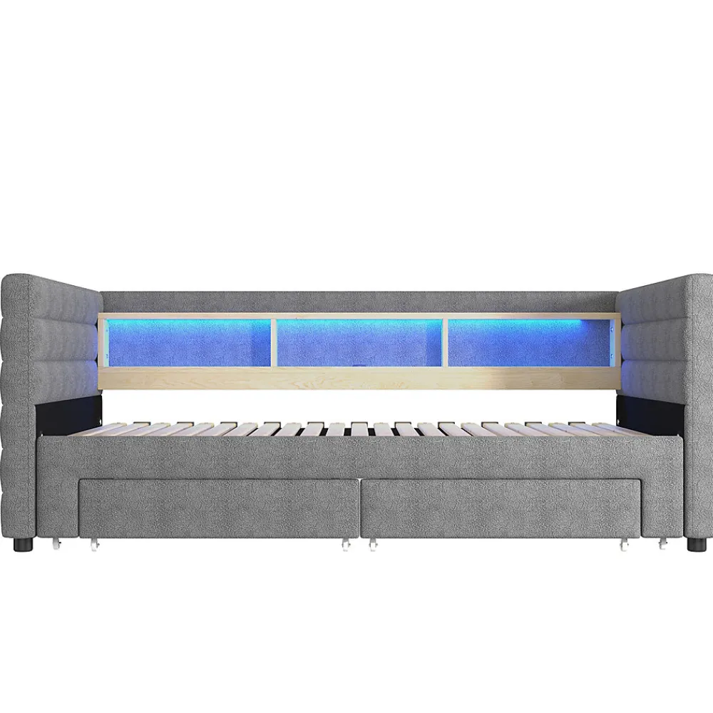 Lit Gigogne 90x190 cm - Lit Simple avec 2 Tiroirs et Étagères - LED et Ports USB Intégrés - Multifonction en Velours Gris>Okwish New