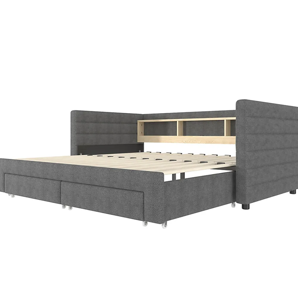 Lit Gigogne 90x190 cm - Lit Simple avec 2 Tiroirs et Étagères - LED et Ports USB Intégrés - Multifonction en Velours Gris>Okwish New