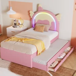 Okwish Lit gigogne 90x200 cm - Lit simple enfant avec lit gigogne - PU + MDF - Sans matelas - Rose* Lit Avec Rangement