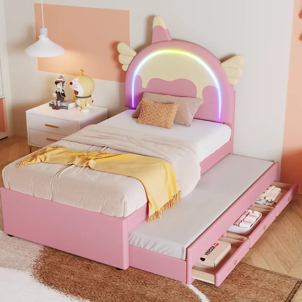 Okwish Lit gigogne 90x200 cm - Lit simple enfant avec lit gigogne - PU + MDF - Sans matelas - Rose* Lit Avec Rangement
