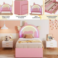 Okwish Lit gigogne 90x200 cm - Lit simple enfant avec lit gigogne - PU + MDF - Sans matelas - Rose* Lit Avec Rangement
