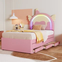 Okwish Lit gigogne 90x200 cm - Lit simple enfant avec lit gigogne - PU + MDF - Sans matelas - Rose* Lit Avec Rangement
