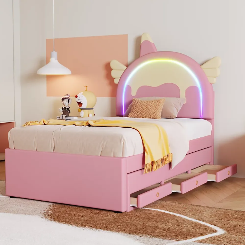 Okwish Lit gigogne 90x200 cm - Lit simple enfant avec lit gigogne - PU + MDF - Sans matelas - Rose* Lit Avec Rangement
