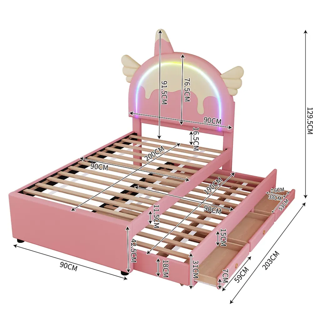 Okwish Lit gigogne 90x200 cm - Lit simple enfant avec lit gigogne - PU + MDF - Sans matelas - Rose* Lit Avec Rangement