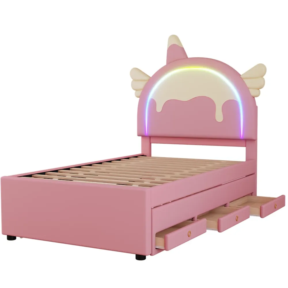 Okwish Lit gigogne 90x200 cm - Lit simple enfant avec lit gigogne - PU + MDF - Sans matelas - Rose* Lit Avec Rangement