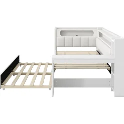 Okwish Lit gigogne 90x200 cm - Lit simple avec port USB et bande LED - Bois - Sans matelas - Blanc* Lit Gigogne