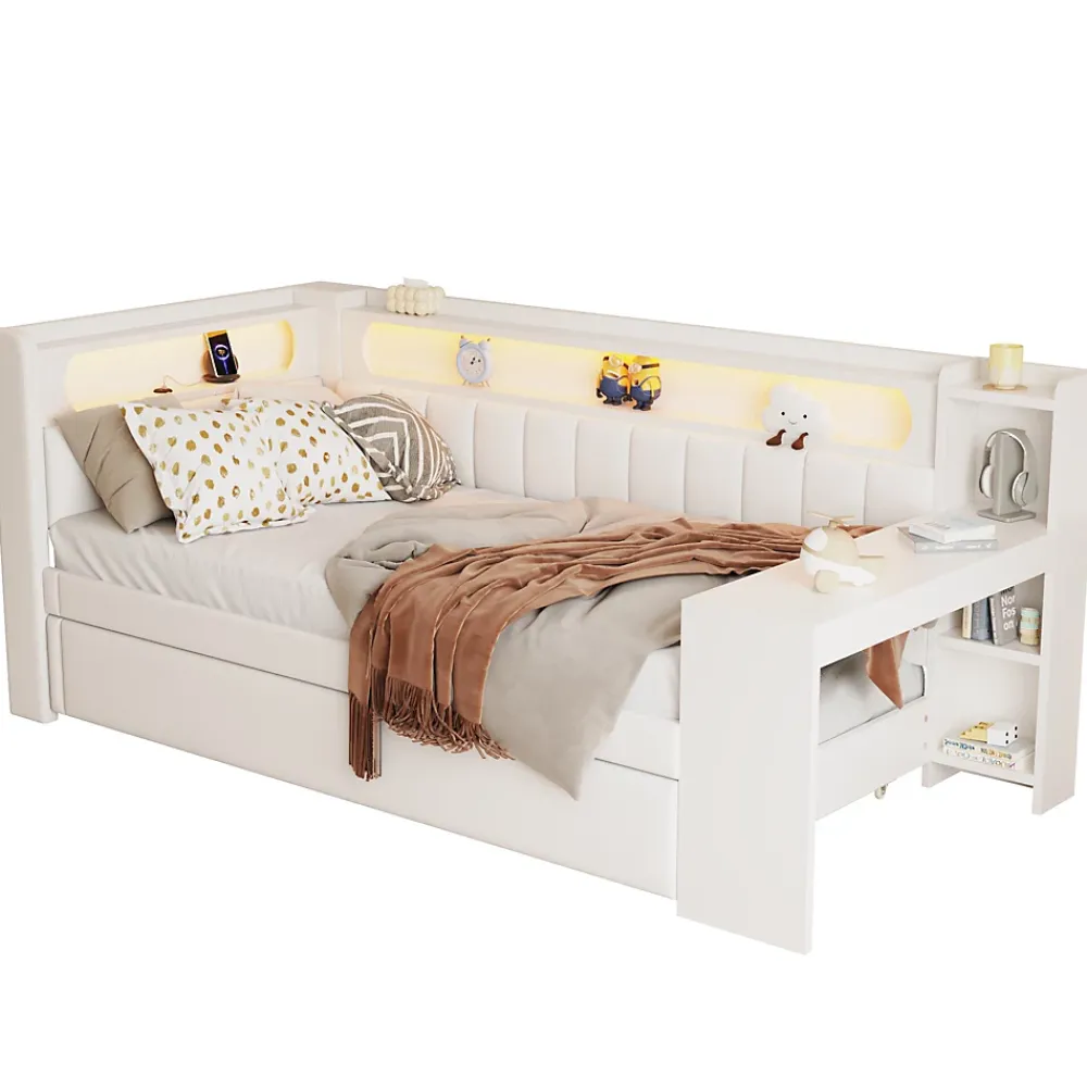 Okwish Lit gigogne 90x200 cm - Lit simple avec port USB et bande LED - Bois - Sans matelas - Blanc* Lit Gigogne