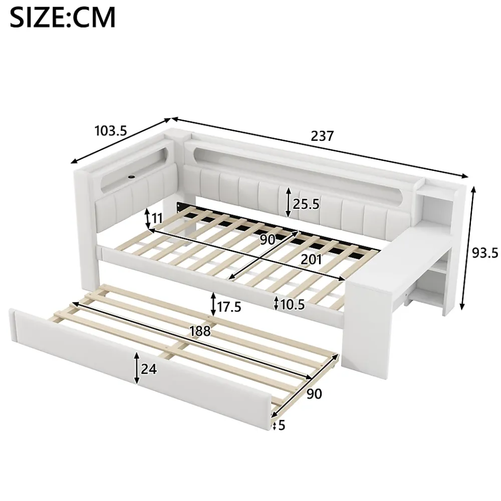 Okwish Lit gigogne 90x200 cm - Lit simple avec port USB et bande LED - Bois - Sans matelas - Blanc* Lit Gigogne