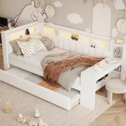 Okwish Lit gigogne 90x200 cm - Lit simple avec port USB et bande LED - Bois - Sans matelas - Blanc* Lit Gigogne