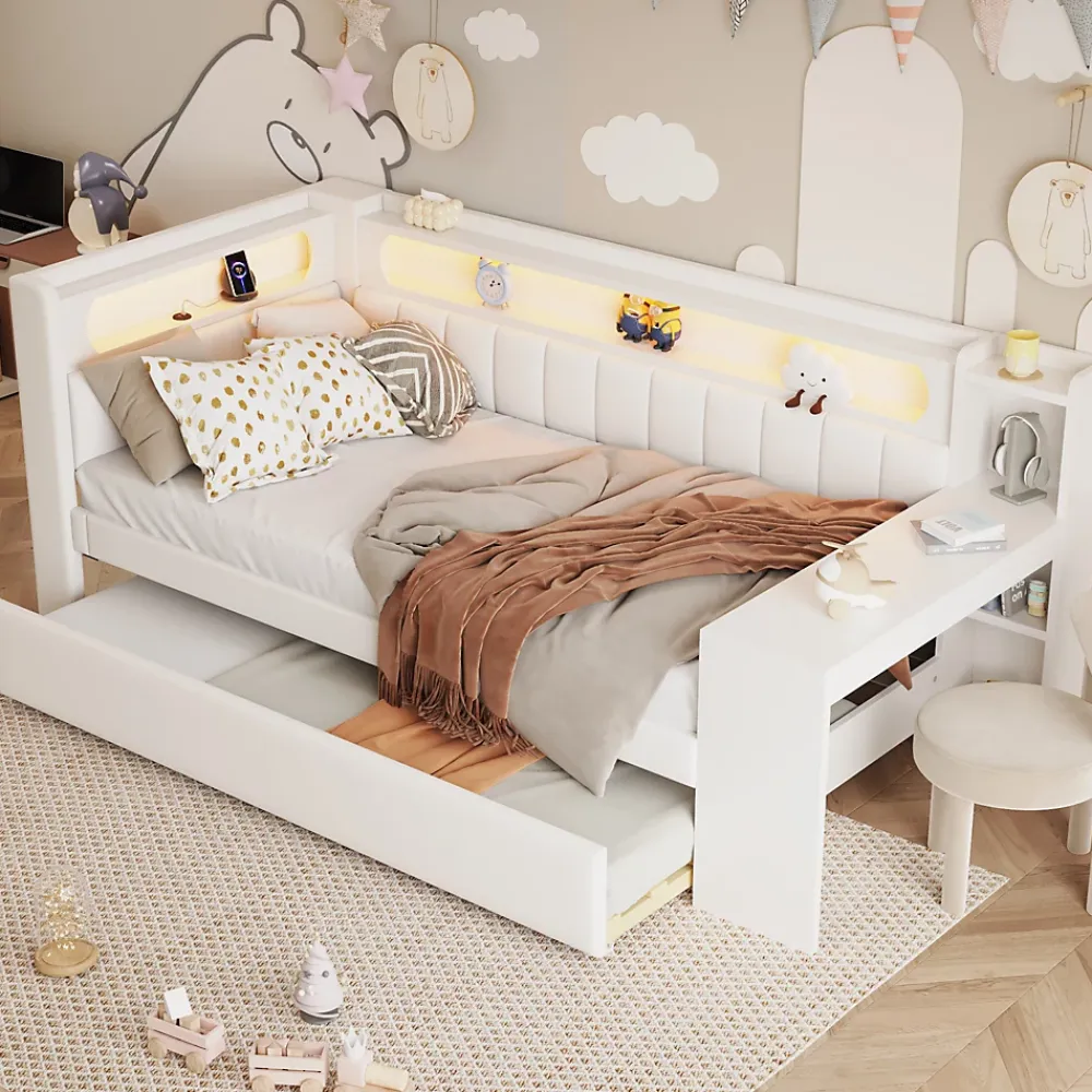 Okwish Lit gigogne 90x200 cm - Lit simple avec port USB et bande LED - Bois - Sans matelas - Blanc* Lit Gigogne