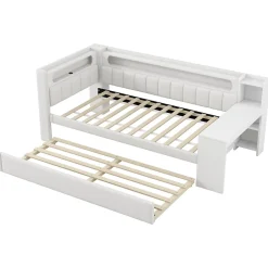 Okwish Lit gigogne 90x200 cm - Lit simple avec port USB et bande LED - Bois - Sans matelas - Blanc* Lit Gigogne