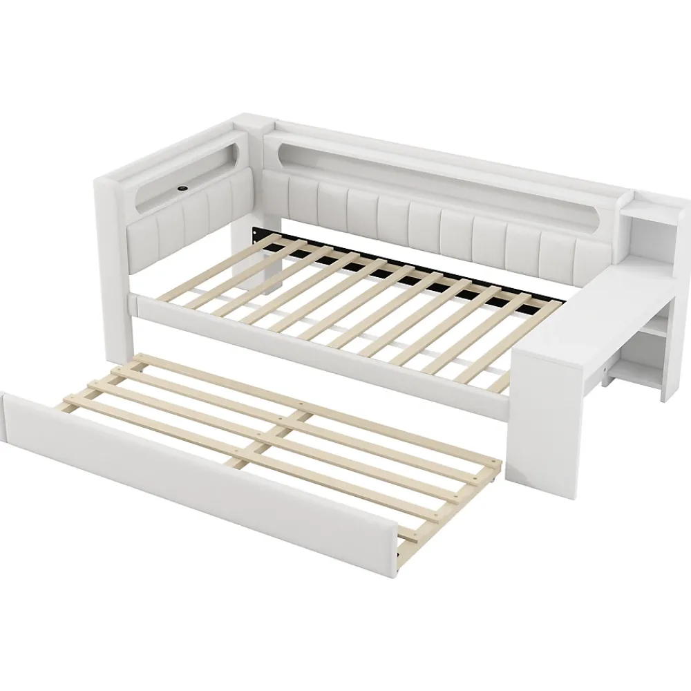 Okwish Lit gigogne 90x200 cm - Lit simple avec port USB et bande LED - Bois - Sans matelas - Blanc* Lit Gigogne