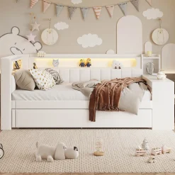 Okwish Lit gigogne 90x200 cm - Lit simple avec port USB et bande LED - Bois - Sans matelas - Blanc* Lit Gigogne