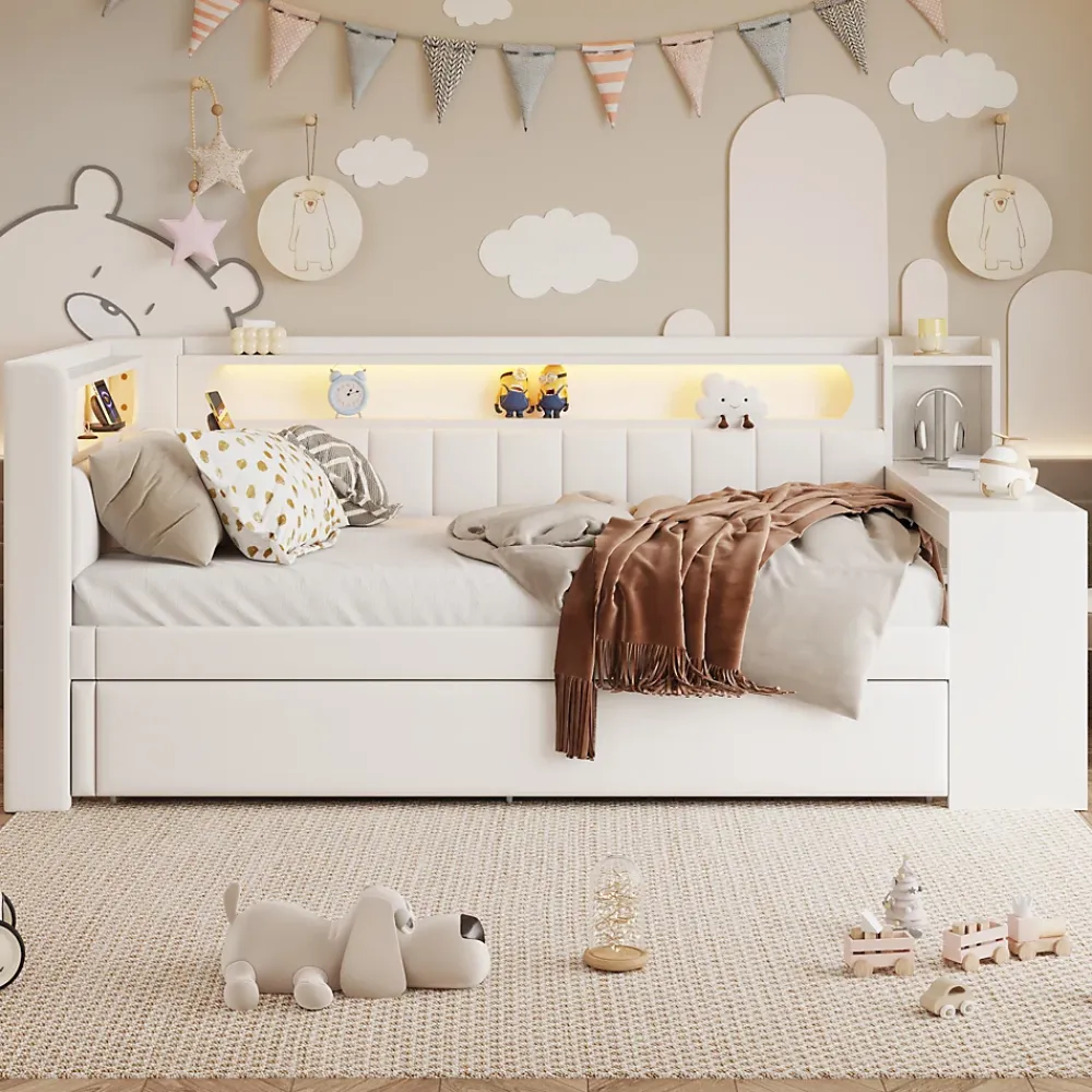 Okwish Lit gigogne 90x200 cm - Lit simple avec port USB et bande LED - Bois - Sans matelas - Blanc* Lit Gigogne