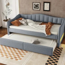 Lit gigogne 90x200 cm - Lit simple avec lit tiroir et sommier à lattes - Lin + MDF - Sans matelas - Gris>Okwish Hot