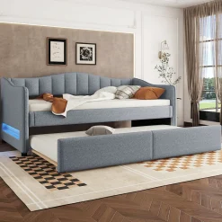 Lit gigogne 90x200 cm - Lit simple avec lit tiroir et sommier à lattes - Lin + MDF - Sans matelas - Gris>Okwish Hot