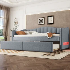 Lit gigogne 90x200 cm - Lit simple avec lit tiroir et sommier à lattes - Lin + MDF - Sans matelas - Gris><noscript><img width=