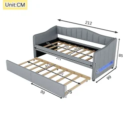 Lit gigogne 90x200 cm - Lit simple avec lit tiroir et sommier à lattes - Lin + MDF - Sans matelas - Gris><noscript><img width=