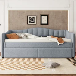 Lit gigogne 90x200 cm - Lit simple avec lit tiroir et sommier à lattes - Lin + MDF - Sans matelas - Gris><noscript><img width=