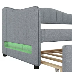 Lit gigogne 90x200 cm - Lit simple avec lit tiroir et sommier à lattes - Lin + MDF - Sans matelas - Gris><noscript><img width=