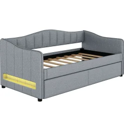 Lit gigogne 90x200 cm - Lit simple avec lit tiroir et sommier à lattes - Lin + MDF - Sans matelas - Gris><noscript><img width=