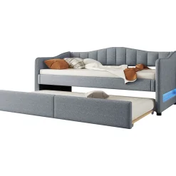 Lit gigogne 90x200 cm - Lit simple avec lit tiroir et sommier à lattes - Lin + MDF - Sans matelas - Gris><noscript><img width=