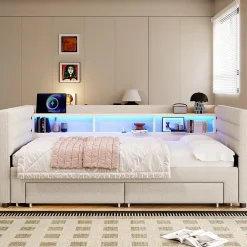 Lit Gigogne 90x190 cm - Lit Simple avec 2 Tiroirs et Étagères - LED et Ports USB Intégrés - Multifonction en Velours Beige>Okwish