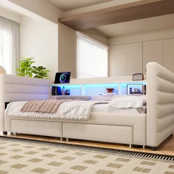 Lit Gigogne 90x190 cm - Lit Simple avec 2 Tiroirs et Étagères - LED et Ports USB Intégrés - Multifonction en Velours Beige><noscript><img width=