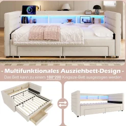 Lit Gigogne 90x190 cm - Lit Simple avec 2 Tiroirs et Étagères - LED et Ports USB Intégrés - Multifonction en Velours Beige><noscript><img width=